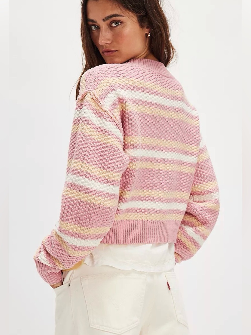 NWT Free People Lila Stripe Cardigan in Pink Combo - Picture 3 of 4